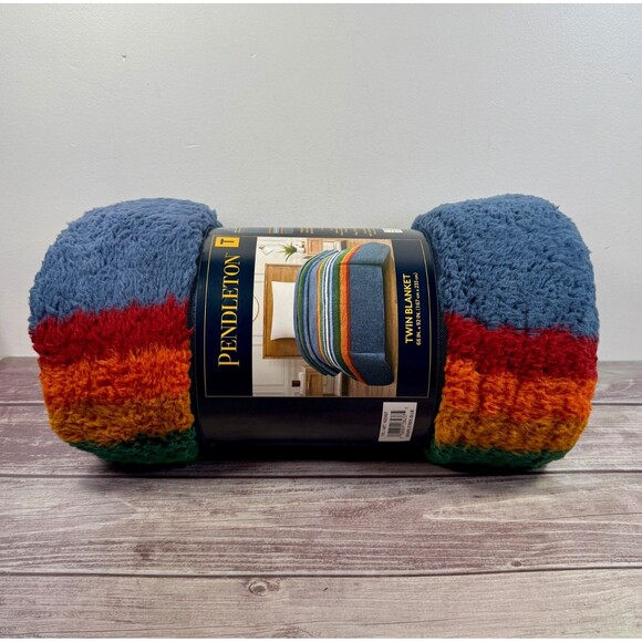 NWT Pendleton Serape Stripe Blue Blanket Plush Manta Twin 66” x 92” GIF NIB - Picture 3 of 12